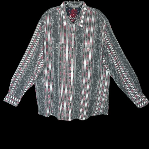 Other - Skully Aztec Southwestern Shirt‎ Mens XL Pearl Snap Gray Pink Striped Cowboy